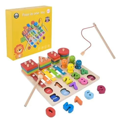4-in-1 Wooden Montessori Learning Board – Xylophone, Numbers, Shape Sorter & Magnetic Fishing Game